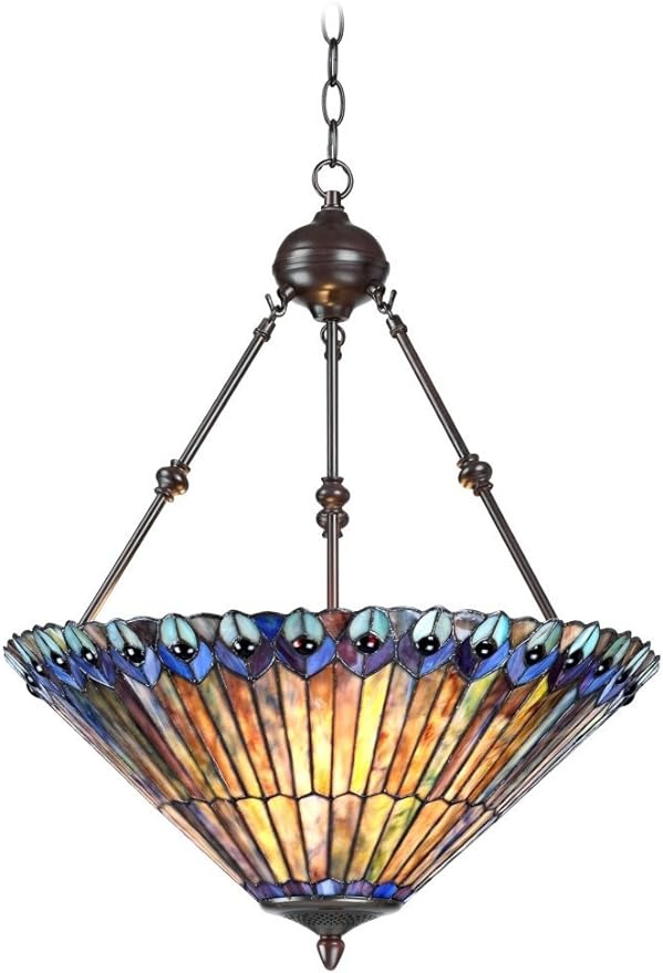 Robert Louis Tiffany Pendant Light Fixture - 3 Light, Peacock Stained Glass Shade, Bronze Rustic Tiffany Pendant Light for Kitchen Islands, Living Rooms, Dining Rooms, and Foyers - 20" Wide, 25" High