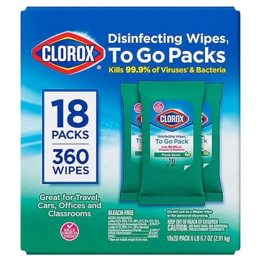 Clorox Disinfecting On The Go Travel Wipes, Fresh Scent, 20 Count, Pack of 18-360 Wipes Total