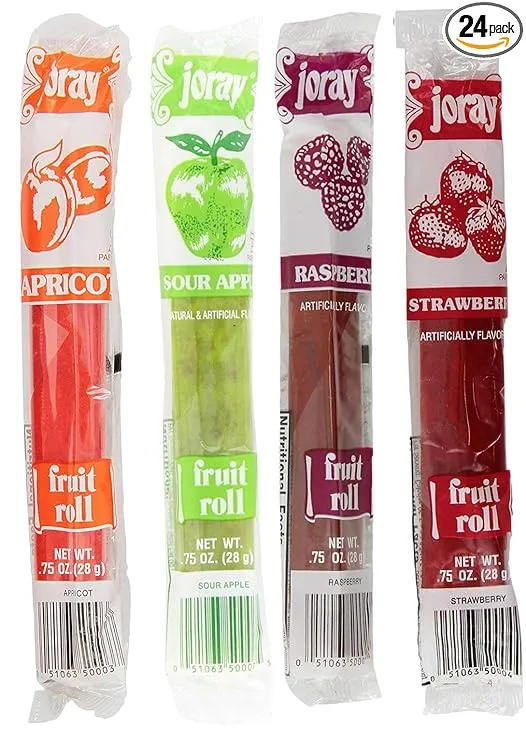 Joray Fruit Roll Variety Pack! Apricot, Strawberry, Raspberry, Sour Apple.75 Oz Fruit Leather (Total of 24 Fruit Leathers)