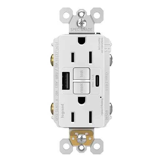 Legrand Radiant 1597TRUSBACW 15 Amp GFCI Self Test Tamper Resistant Decorator Duplex Outlet with USB Type A and C, White (1 Count)