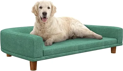 PawHut Dog Sofa Couch, Pet Bed with Comfortable Luxury Cushion, Washable Cover, Wooden Legs, Anti-Slip Mat for Large Dogs, Cats, Kittens, Green