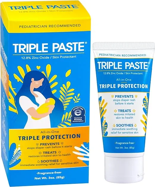 Triple Paste Diaper Rash Cream for Baby - 3 oz Tube - Zinc Oxide Ointment Treats, Soothes and Prevents Diaper Rash - Pediatrician-Recommended Hypoallergenic Formula with Soothing Botanicals