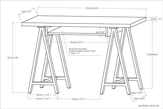 SIMPLIHOME Sawhorse Industrial 60 Inch Wide Real SOLID WALNUT WOOD Desk, For the Office Desk, Writing Table, Workstation and Study Table