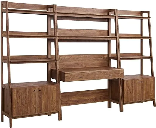Modway Bixby 3-Piece Home Office Desk and Bookshelf Display Case in Walnut