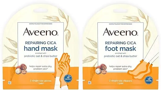 Aveeno Repairing CICA Foot Mask & Hand Mask with Prebiotic Oat and Shea Butter, for Extra Dry Skin, 1 ea