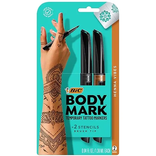 BIC BodyMark Temporary Tattoo Markers for Skin, Henna Vibes, Flexible Brush Tip, 2-Count Pack of Assorted Colors, Skin-Safe*, Cosmetic Quality