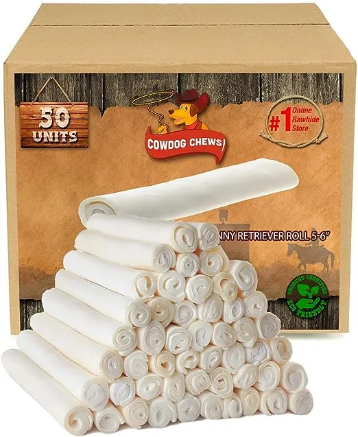 5-6 Inches Rawhide Retriever Roll - Chewing Dog Treat, 100% Natural - Natural Grass Fed Livestock Sourced (50 Pack)