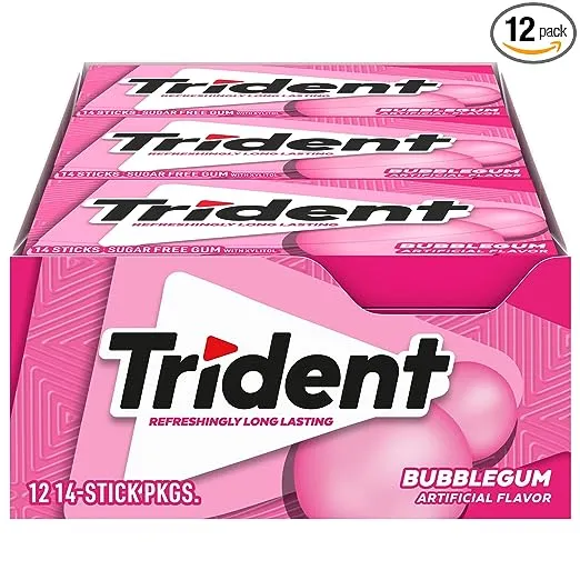 Trident Bubblegum Sugar Free Gum, 12 Packs of 14 Pieces (168 Total Pieces)