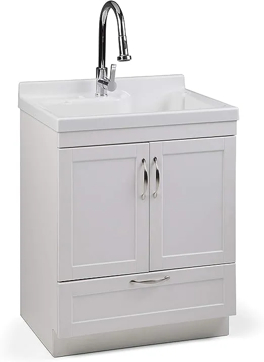 SIMPLIHOME Maile Utility Sink & Cabinet, Pure White, 28-inch Laundry Cabinet, Pull-out Faucet, ABS Sink, Storage Drawer for Laundry Room, Mudroom, Garage