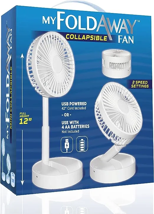 My Foldaway Fan Mini Desktop Fan | Ultra-Portable Lightweight Compact Tabletop Fan | Extends up to 12” | 2 Speed Modes | Uses AA Batteries or USB Power Wire | Desk Fan, Nightstand Use | Whisper Quiet