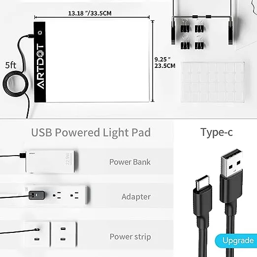 ARTDOT A4 LED Light Pad for Diamond Painting Kits for Adults, USB Powered Adjustable Brightness Diamond Art Light Board with Accessories