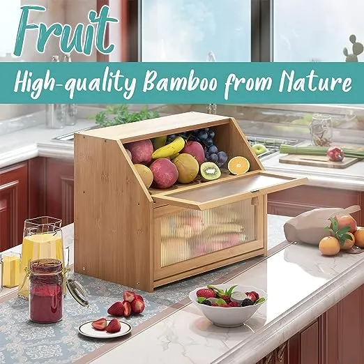 Large Bread Box for Kitchen Counter,Bamboo Wood Double Layer Bread Box for Kitchen Counter, Wooden Capacity Bread Storage Bin