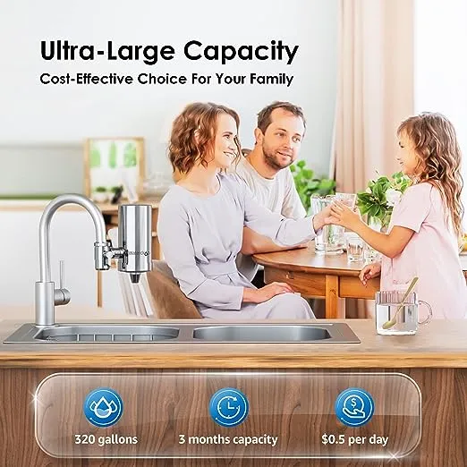 Waterdrop Stainless-Steel Faucet Water Filter, Carbon Block Water Filtration System, Tap Water Filter, Reduces Chlorine, Heavy Metals and Bad Taste, 𝐅𝐢𝐭𝐬 𝐒𝐭𝐚𝐧𝐝𝐚𝐫𝐝 𝐅𝐚𝐮𝐜𝐞𝐭 (1 Filter)