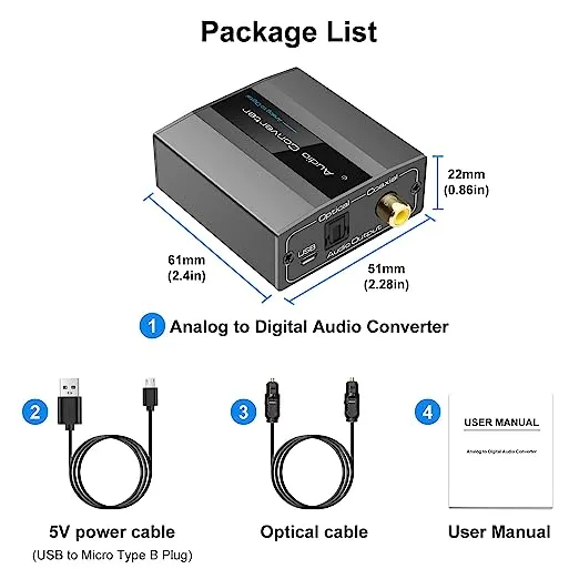 Analog to Digital Audio Converter RCA R/L to Optical with Optical Cable 3.5mmAUX Jack to Digital Toslink and Coaxial Audio Adapter for Soundbar