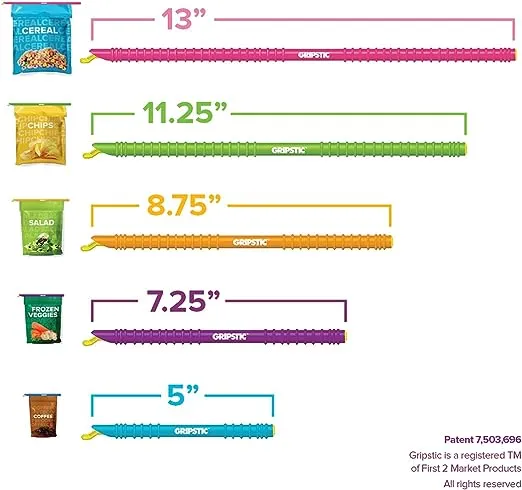 GripStic Bag Clips. 12pc Durable Food Clip Set for Kitchen Storage. Reusable Chip Bag Clips. Color Coded Bag Closure Sticks Provide Air Tight Seal. Durable Cereal Bag Clips. Chip Clips Reinvented.