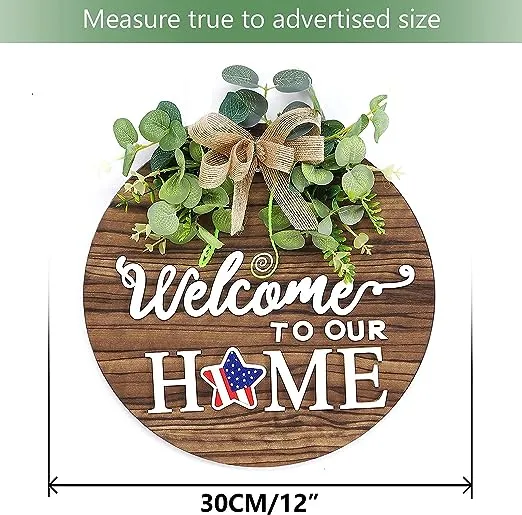 Interchangeable Seasonal Welcome Sign Front Door Decoration, Rustic Round Wood Wreaths Wall Hanging Outdoor, Farmhouse, Porch, for Spring Summer Fall All Seasons Holiday Halloween Christmas.