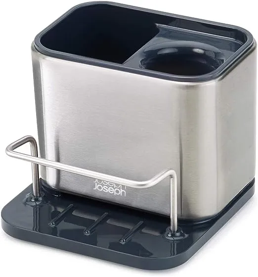 Joseph Joseph Surface Sink Caddy Stainless Steel Sponge Holder Organizer Tidy Drains Water for Kitchen, Small, Silver
