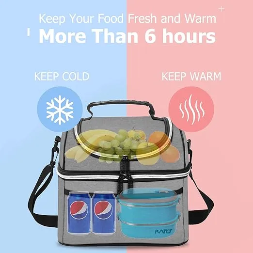 Tirrinia Insulated Lunch Bag for Women Men, Leakproof Thermal Bento Lunch Box, 2-Compartment Lunch Cooler for Adults Work, Office, Soft& Durable Lunch Tote 9”x7” inch, Grey