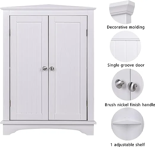 Spirich Home Floor Corner Cabinet with Two Doors and Shelves, Free-Standing Corner Storage Cabinets for Bathroom, Kitchen, Living Room or Bedroom, White