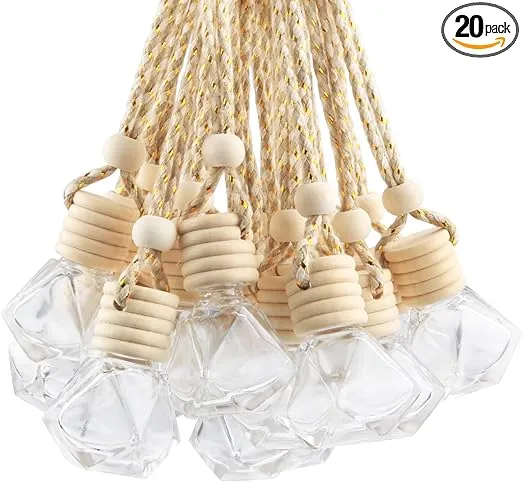 20 Pcs 8ml Hanging Car Air Freshener Diffuser,Empty Refillable Clear Glass Essential Diffuser Oil Aromatherapy Fragrance Perfume Pendant Vials with Wooden Caps & Hanging String