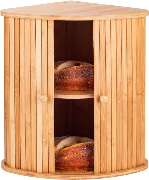 Bamboo Bread Box For Kitchen Countertop TOMKID Farmhouse Corner Bread Box 2 Layer Bread Storage Container, Extra Large Bread Boxes, 15.1 in x 11.8 in x 16.8 in (Assembly required)