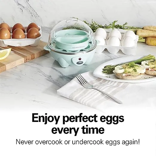 Hamilton Beach 3-in-1 Electric Egg Cooker for Hard Boiled Eggs, Poacher, Omelet Maker & Vegetable Steamer, Holds 7, Mint (25504)
