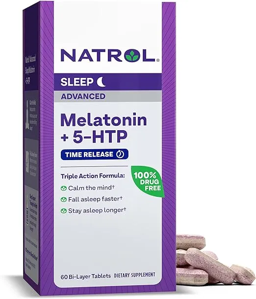 Natrol Advanced Sleep Melatonin + 5HTP, 6mg, Calming Sleep Aid for Restful Sleep, 60 Time-Release Tablets, 60-Day Supply