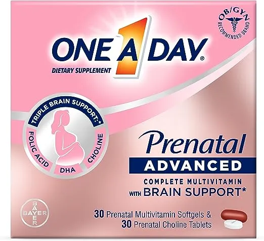 One A Day Womens Prenatal Advanced Complete Multivitamin with Brain Support* with Choline, Folic Acid, Omega-3 DHA & Iron for Pre, During and Post Pregnancy, 30+30 Count (60 Total Set)
