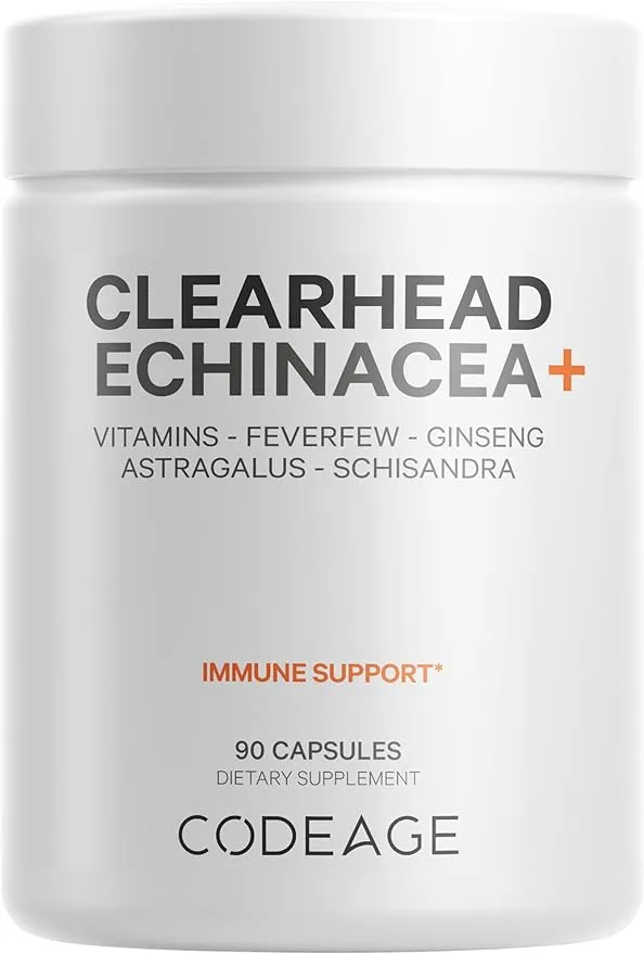 Codeage Clearhead Echinacea+ Supplement - Echinacea, Schisandra, Feverfew, Coptis, American Ginseng, Astragalus, Garlic, Probiotics, Vitamins C & D3, Zinc, Selenium - Clear Head Vitamin - 90 Capsules
