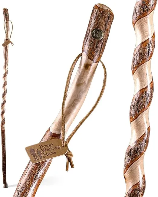 Brazos Rustic Wood Walking Stick, Twisted Sassafras, Traditional Style Handle, for Men & Women, Made in The USA, 55"