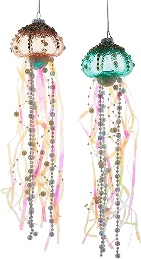 Kurt S. Adler Beach Nautical Themed Glass Ornaments (Set of 2 Jellyfish Glass Ornaments Blue-Green Pink TD1484)
