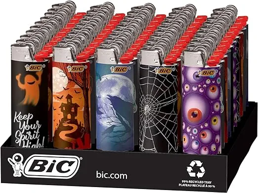 BIC Maxi Pocket Lighter, Special Edition Spooky Collection, Assorted Unique Lighter Designs, 50 Count Tray of Lighters