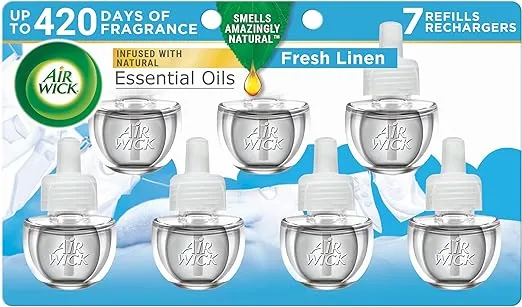 Airwick Plug In Scented Oil Refill, Infused with Essential Oils, Plug In Air Fresheners for Home, Room Fresheners for Home Long Lasting, Plug In Refills, Home Essential, Fresh Linen, 7 ct