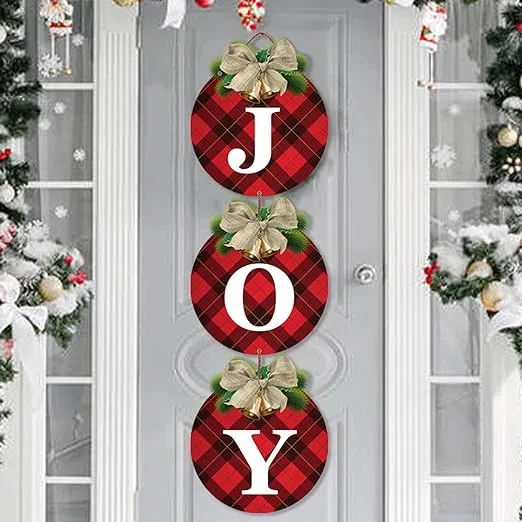 Buffalo Plaid Christmas Wreaths for Front Door - 3pcs Rustic Christmas Decor Joy Signs Wreaths for Door Holiday Xmas Garage Door Wall Decorations Indoor Outdoor