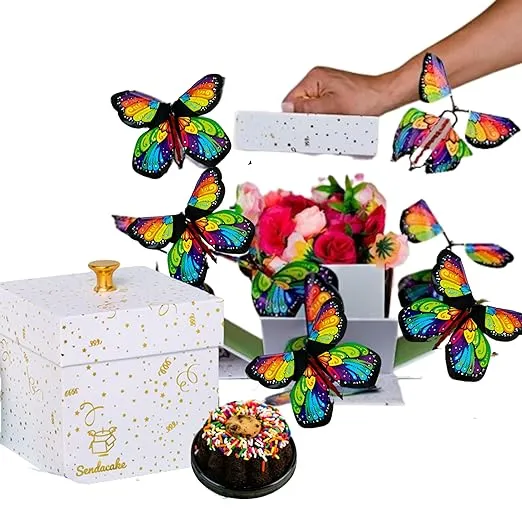 SendaCake Celebration Explosion Gift Box with Flying Butterflies, Flower Shower & 3" Chocolate Chip Mini Bundt Cake – Premium Gourmet Gift for Birthdays, Weddings, Anniversaries & Special Occasions – Fast Delivery for All Ages