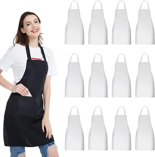 NOBONDO 12 Pack Bib Apron - Unisex white Apron Bulk with 2 Roomy Pockets Machine Washable for Kitchen Crafting BBQ Drawing