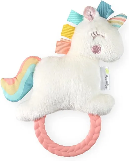 Itzy Ritzy - Ritzy Rattle Pal with Teether - Baby Teething Toy Features A Minky Plush Character, Gentle Rattle Sound & Soft Teether Toy for Newborn (Unicorn)