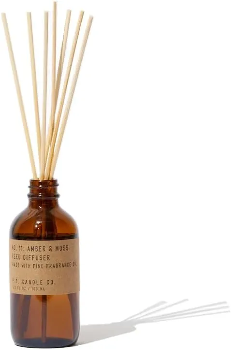 P.F. Candle Co. Amber & Moss Classic Scented Rattan Reed Diffuser (3.5 fl oz) Amber Glass Jar, Fine Fragrance Oil, Low Maintenance Scent Throw