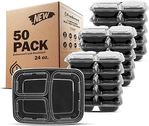 Freshware Meal Prep Containers [50 Pack] 3 Compartment Food Storage Containers with Lids, Bento Box, BPA Free, Stackable, Microwave/Dishwasher/Freezer Safe (24 oz)