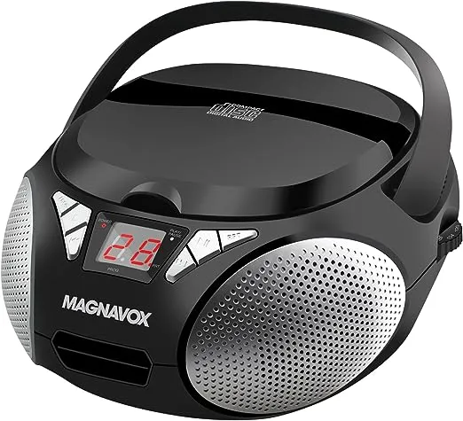 Magnavox MD6924 Portable Top Loading CD Boombox with AM/FM Stereo Radio in Black | CD-R/CD-RW Compatible | LED Display | AUX Port Supported | Programmable CD Player |