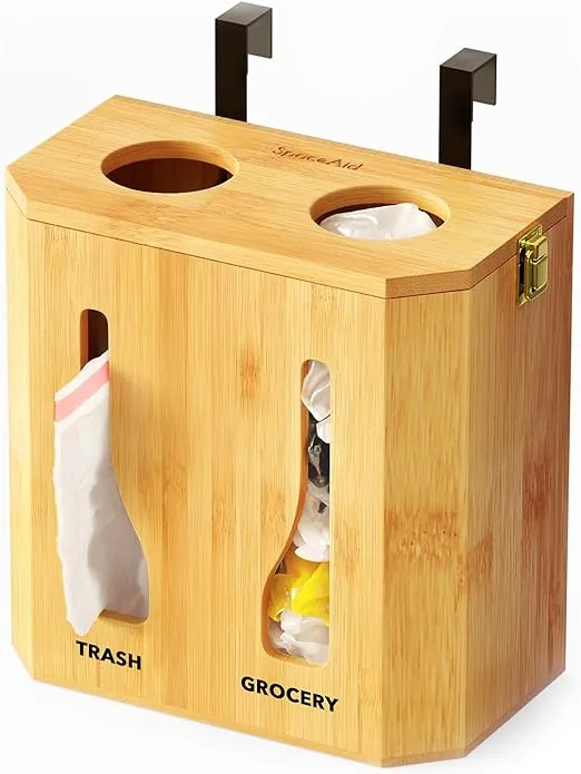 SpaceAid Grocery Bag Holder & Trash Bag Dispenser, Bamboo 2 in 1 Garbage Bag Roll Holders Organizer for Plastic Bags, Under Sink Organizers and Storage for Kitchen Organization (Bamboo)