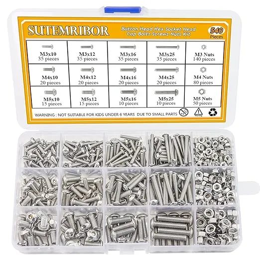 M3 M4 M5 Stainless Steel Button Head Hex Socket Head Cap Bolts Screws Nuts Assortment Kit, 540PCS