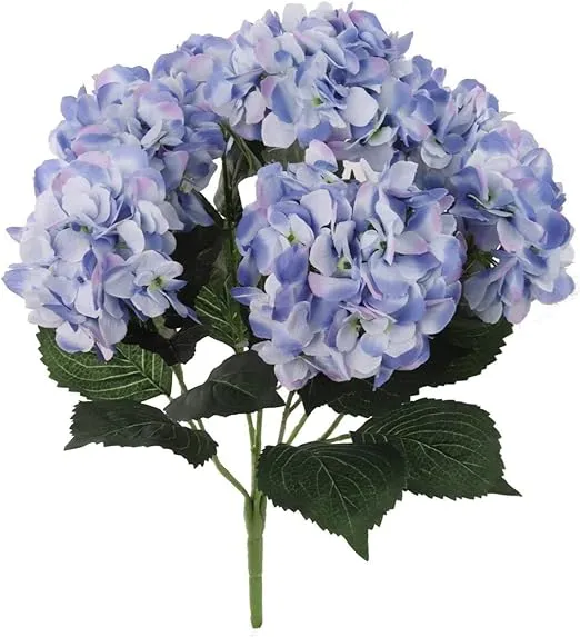 Hydrangea Silk Flower Bush, Seven Heads Per Bush, UV Resistant, Indoor & Outdoor Silk Plant, Adjustable Stem, Rich Green Leaves, Wedding, Centerpiece, & Event Decor(Blue)