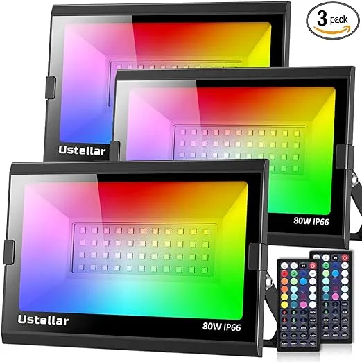USTELLAR 3 Pack 80W RGB LED Flood Lights 800W Equiv. Outdoor Color Changing Floodlight Exterior IP66 Waterproof Uplighting Landscape Wall Washer Party Garden Yard Halloween Christmas Stage Spotlight