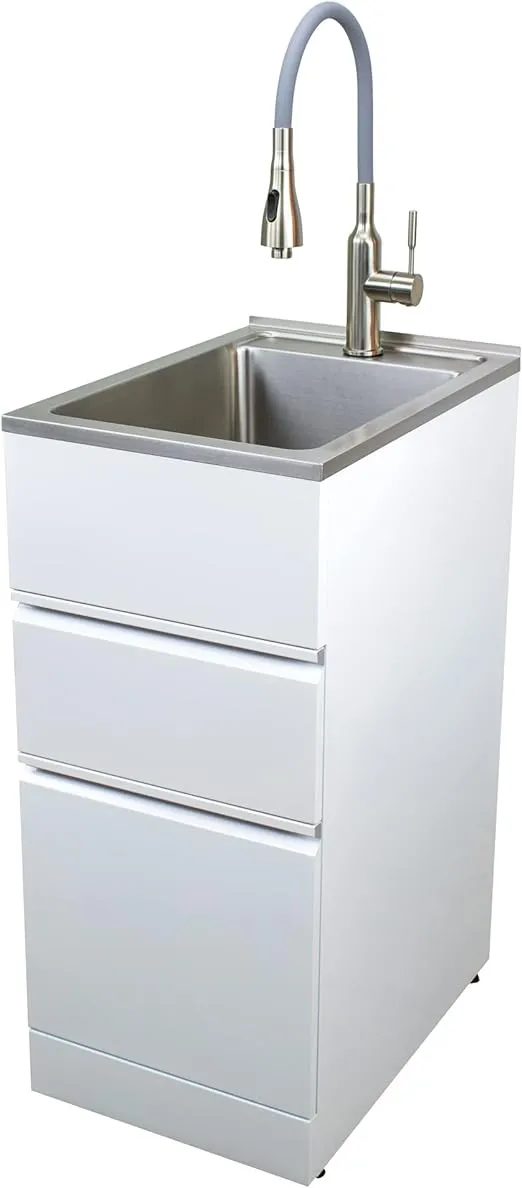 Transolid TC2D-1522-W All-in-One 15.5 in. x 22.4 in. x 34.9 in. Metal Drop-In Laundry/Utility Sink and Cabinet in Gloss White