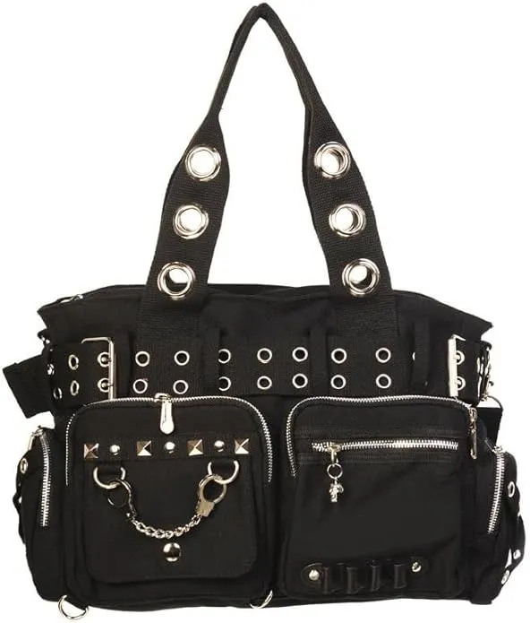Lost Queen Striped Punk Rock Steampunk Purse with Handcuff Skull Charm