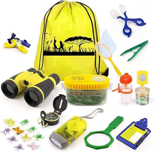 kaqinu Kids Explorer Kit, 24 PCS Outdoor Adventure Camping Kit & Bug Catcher Kit with Drawstring Bag, Binoculars, Compass, Butterfly Net, Educational Nature Exploration Toys Gift for Boys & Girls