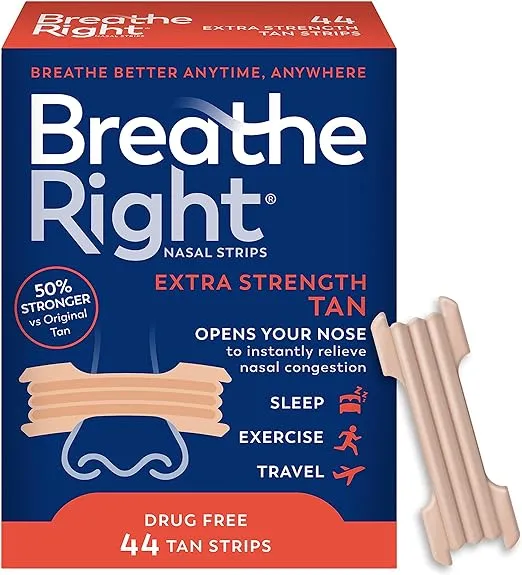 Breathe Right Nasal Strips, Extra Strength, Tan Nasal Strips, Help Stop Snoring, Drug-Free Snoring Solution & Instant Nasal Congestion Relief Caused by Colds & Allergies, 44ct (packaging my vary)