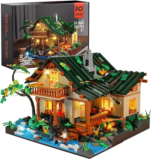FUNWHOLE Lakeside-Lodge Building Set with LED Lights - Construction Building Model Set 1969 PCS for Teen and Adults with Lighting Kit