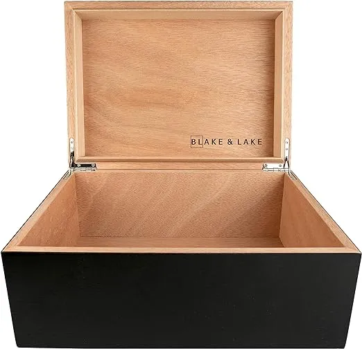 Large Wooden Box with Hinged Lid - Wood Storage Box with Lid - Black Wooden Storage Box - Decorative Boxes with lids (Matte Black)
